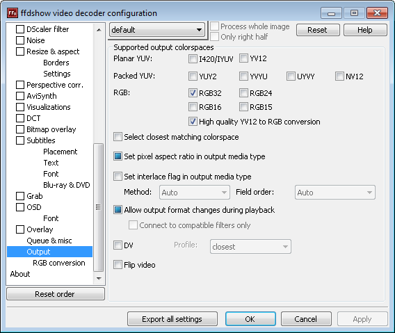 You may try to force RGB32 only in ffdshow. To find the output settings, scroll down to the bottom at the left side. Configure the ffdshow setting as above.